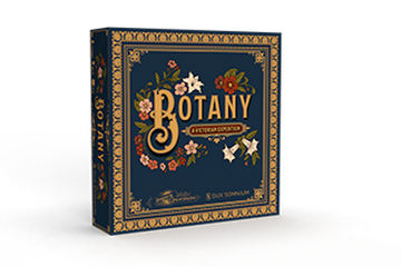Botany - Dark blue square board game box with ornate gold floral designs and the title "Botany" in large decorative letters.