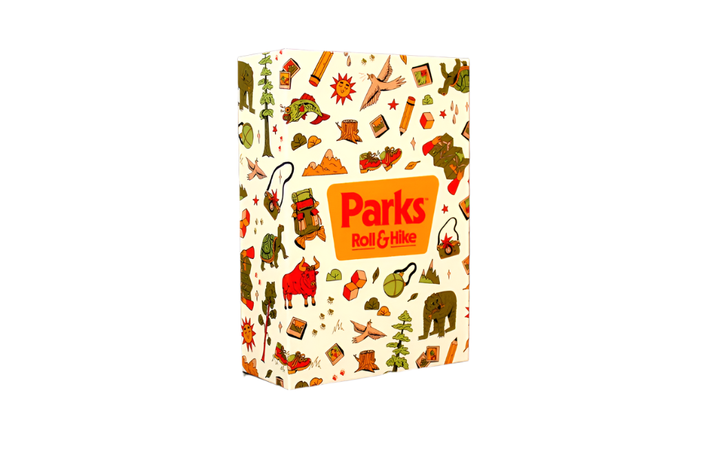 Parks Roll and Hike - Rectangular game box with a cream background decorated with colorful hiking and nature illustrations, featuring a red and.