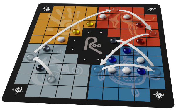 Roo - Roo board game with colorful grid sections in orange, yellow, black, blue, and gray, featuring white and blue game pieces.