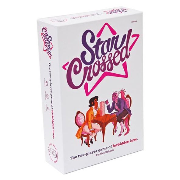 Star Crossed (Refresh) - Star Crossed game box with purple script logo and illustration of two people chained together sitting at a table.