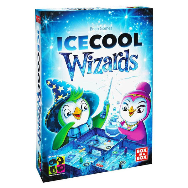 IceCool Wizards - Colorful board game box featuring two cartoon penguins dressed as wizards casting spells over an ice-themed game board.
