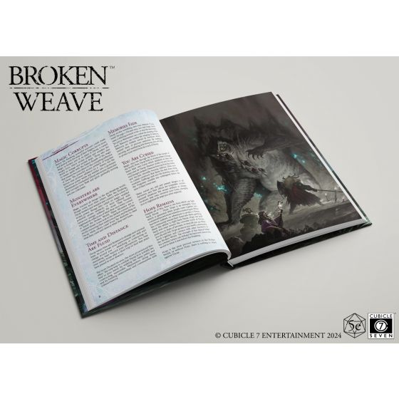 D&D 5E: Broken Weave Core Rulebook - Open D&D 5E Broken Weave Core Rulebook showing text and dark fantasy artwork on glossy pages.