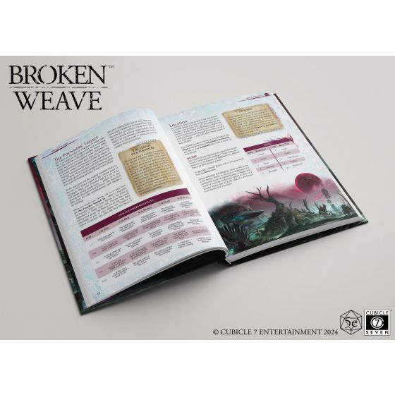 D&D 5E: Broken Weave Core Rulebook - Open tabletop RPG rulebook with colorful fantasy art, text columns, and framed notes on white pages.