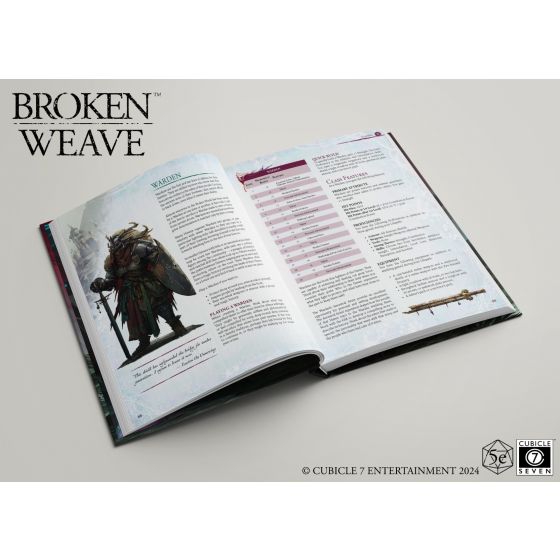 D&D 5E: Broken Weave Core Rulebook - Open D&D 5E Broken Weave Core Rulebook showing character illustration and stat tables on glossy pages with black hardcover.