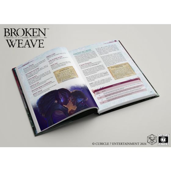 D&D 5E: Broken Weave Core Rulebook - Open hardcover rulebook featuring colorful fantasy artwork on the left page and detailed text with headers and boxed notes.