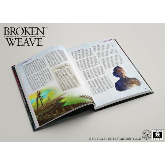 D&D 5E: Broken Weave Core Rulebook - Open hardcover fantasy roleplaying rulebook with detailed text and colorful character and landscape illustrations.