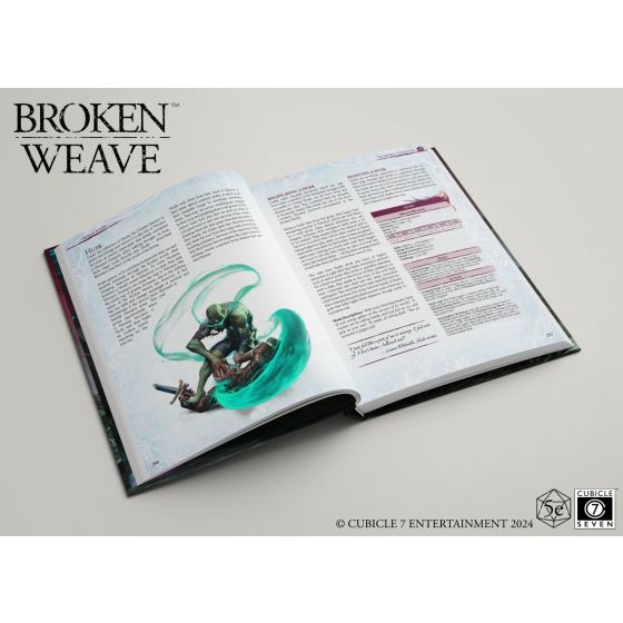 D&D 5E: Broken Weave Core Rulebook - Open hardcover fantasy roleplaying rulebook with color artwork of a spellcaster and densely printed text on white pages.