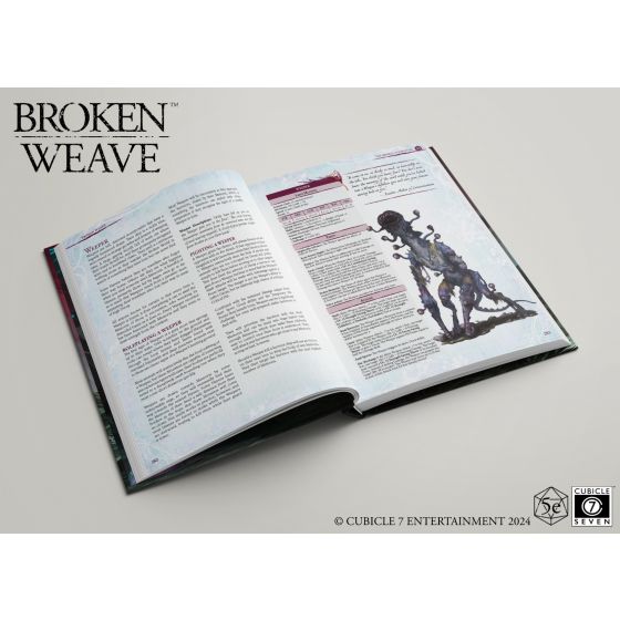 D&D 5E: Broken Weave Core Rulebook - Open D&D 5E Broken Weave Core Rulebook showing text and detailed black silhouette artwork on white pages with red accents.
