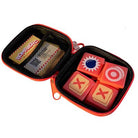 Bombastic - Compact black and orange zippered game case with four colorful wooden game pieces inside, featuring symbols like a sunburst,