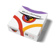 Bullrings - Square game box with stylized bull head logo in red, yellow, and black on white background with curved red and orange lines.