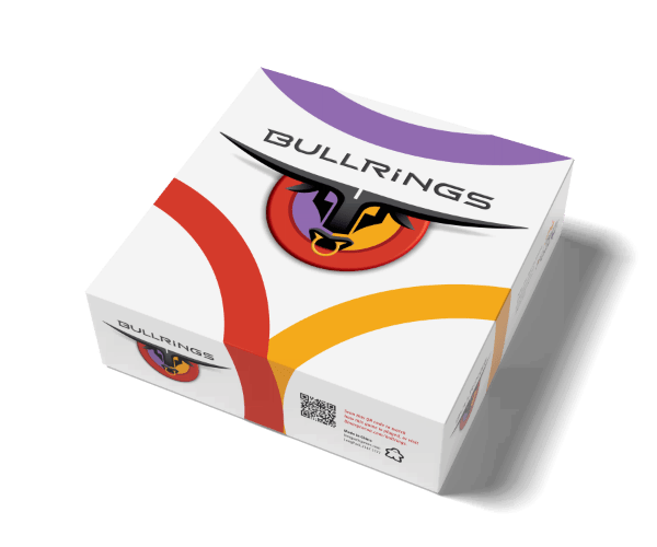 Bullrings - Square game box with stylized bull head logo in red, yellow, and black on white background with curved red and orange lines.