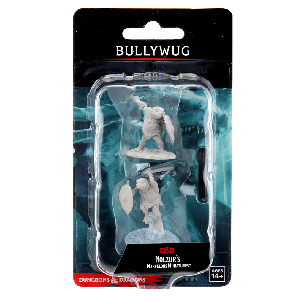 D&D Nolzur's Marvelous Miniatures: Bullywug - Unpainted gray plastic miniature of Bullywug creature holding a spear, detailed fantasy figure in blister packaging.