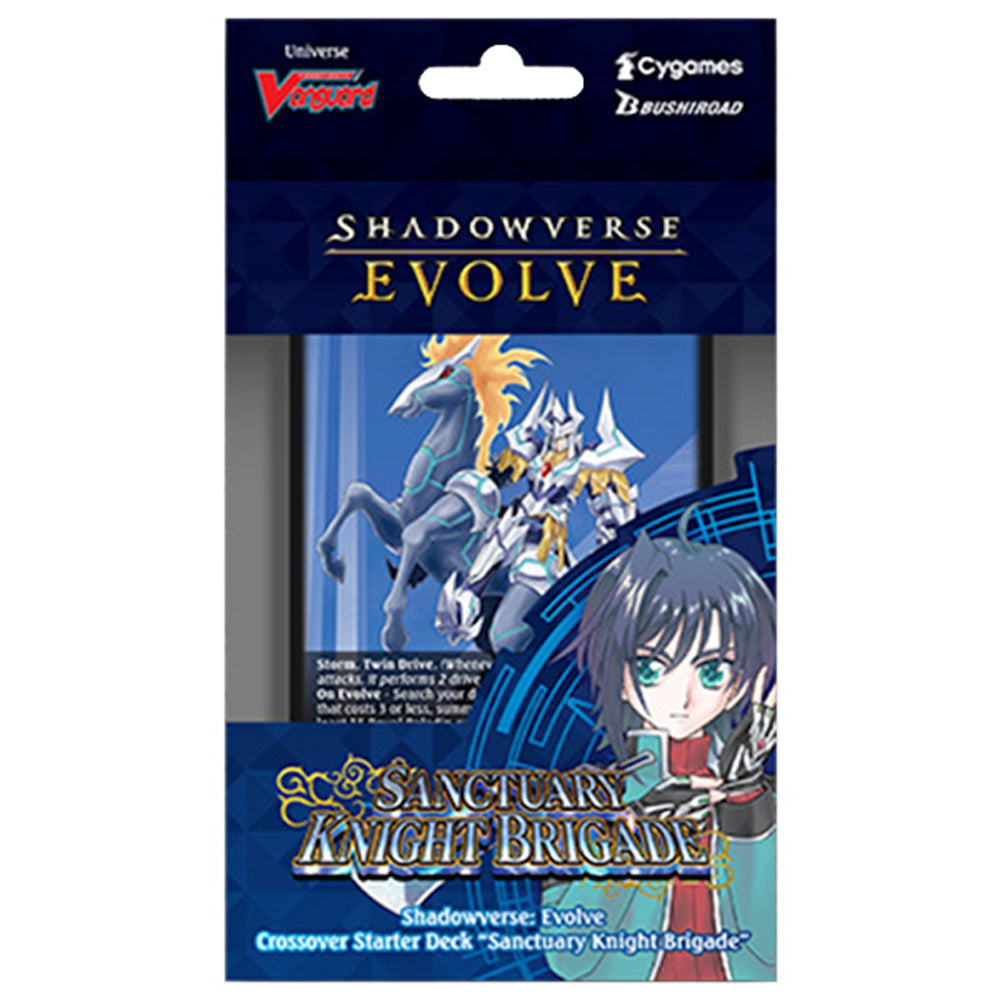 Shadowverse Evolve TCG: Cardfight!! Vanguard Crossover - Sanctuary Knight Brigade Starter Deck - Shadowverse Evolve and Cardfight!! Vanguard crossover starter deck box with blue and white armored knight on horse and anime