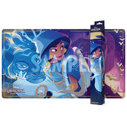 Lorcana TCG Playmat: Whispers in the Well: Jasmine, Steady Strategist - Lorcana playmat featuring Jasmine in blue and purple tones with magical swirls and gold accents, smooth fabric surface.