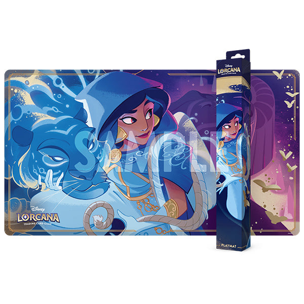 Lorcana TCG Playmat: Whispers in the Well: Jasmine, Steady Strategist - Lorcana playmat featuring Jasmine in blue and purple tones with magical swirls and gold accents, smooth fabric surface.