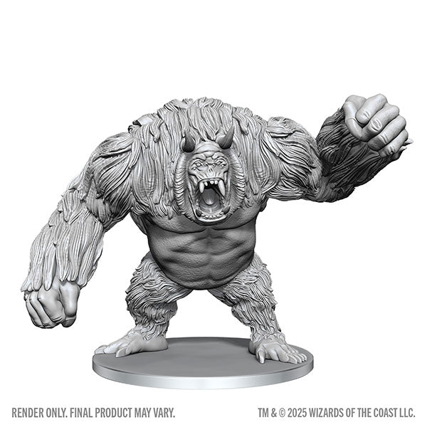 D&D Nolzur's Marvelous Miniatures: Barlgura (PREORDER) - Gray plastic miniature of a muscular, hairy demon with large fists, open mouth, and aggressive stance on a round base.