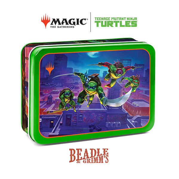 Magic the Gathering: Token Set - Teenage Mutant Ninja Turtles (PREORDER) - Rectangular green tin box featuring Teenage Mutant Ninja Turtles in action on rooftop at night, branded with Magic the.