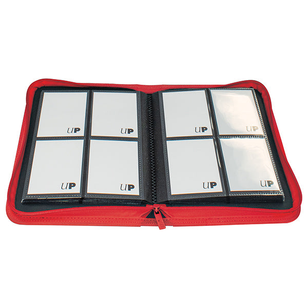Ultra Pro 4-Pocket Zippered Binder: Vivid - Red (PREORDER) - Red zippered binder with four clear card pockets on each side, black interior edges.