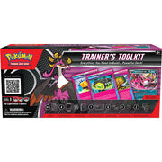 Pokémon TCG: Trainer's Toolkit 2025 - Rectangular Pokémon Trainer's Toolkit 2025 box with purple and pink artwork featuring Lucario and various Pokémon card.