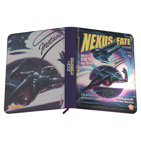 Ultimate Guard 18-Pocket Zipfolio: Magic the Gathering: Edge of Eternities - Nexus of Fate - Black zippered card binder featuring futuristic artwork with bold yellow "Nexus of Fate" text and purple accents.