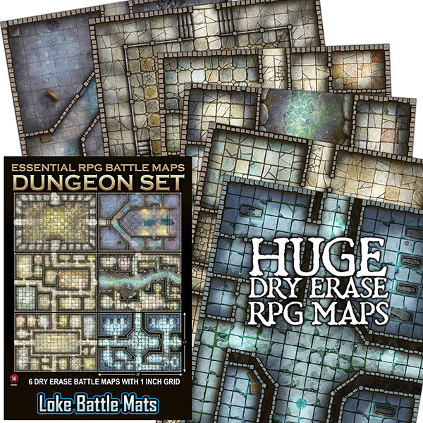 Essential RPG Battle Maps: Dungeon Set (PREORDER) - Set of six colorful dry erase RPG battle maps featuring detailed dungeon corridors, rooms, and grid lines for grid-based.