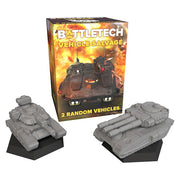 BattleTech: Salvage Blind Box - Battlefield Support (PREORDER) - Two gray plastic miniature tanks on black stands beside a colorful BattleTech Vehicle Salvage box showing armored vehicles.