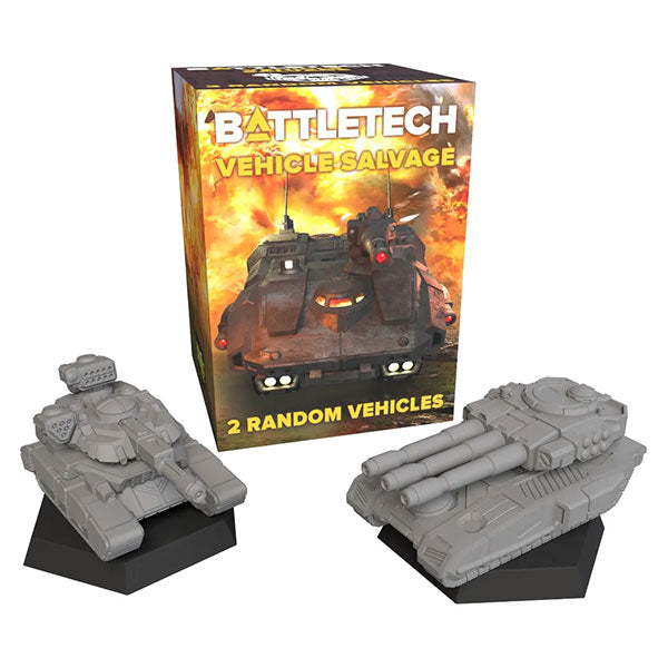 BattleTech: Salvage Blind Box - Battlefield Support (PREORDER) - Two gray plastic miniature tanks on black stands beside a colorful BattleTech Vehicle Salvage box showing armored vehicles.