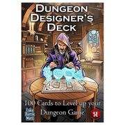 Dungeon Designers Deck: Deal Your Own Dungeon - Fantasy wizard in purple robe casting blue magical runes over dungeon map on wooden table card deck box cover.