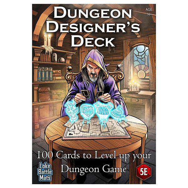 Dungeon Designers Deck: Deal Your Own Dungeon - Fantasy wizard in purple robe casting blue magical runes over dungeon map on wooden table card deck box cover.