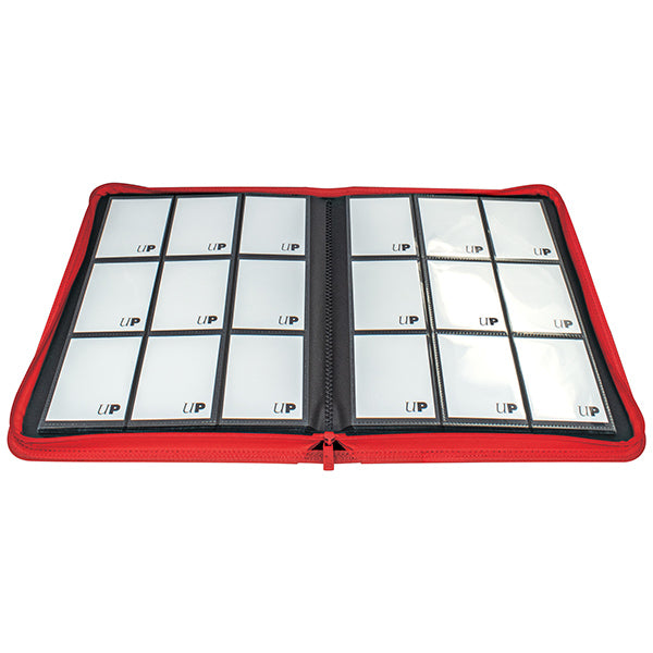 Ultra Pro 9-Pocket Zippered Binder: Vivid - Red (PREORDER) - Red zippered binder with black interior holding two open pages of clear 9-pocket plastic sleeves for cards.