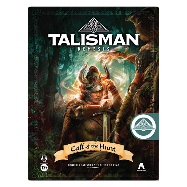 Talisman: Nemesis - Call of the Hunt (PREORDER) - Dark fantasy board game box featuring a warrior holding a sword in a forest with glowing orange light and a wolf in the.