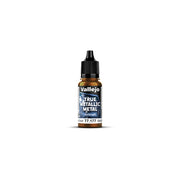 Vallejo True Metallic Metal Airbrush: Arcane Gold (18ml) - Small plastic bottle of Vallejo True Metallic Metal Airbrush paint in shiny arcane gold with black twist cap and blue label.