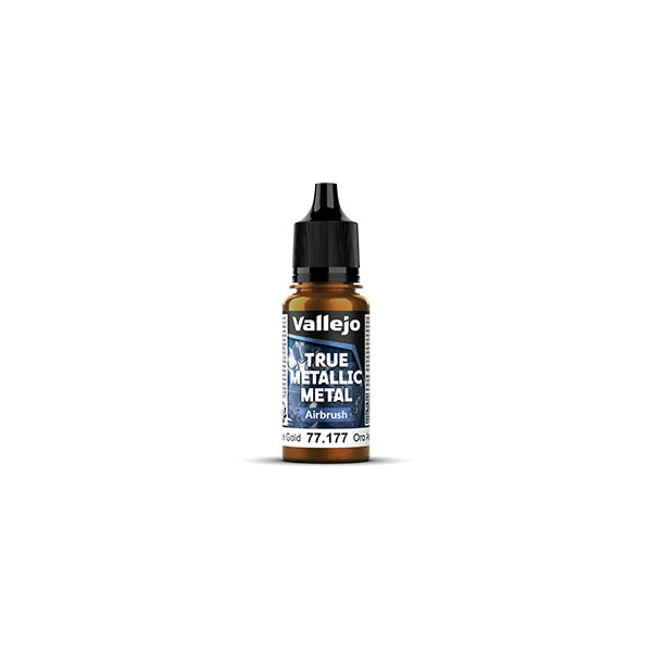 Vallejo True Metallic Metal Airbrush: Arcane Gold (18ml) - Small plastic bottle of Vallejo True Metallic Metal Airbrush paint in shiny arcane gold with black twist cap and blue label.