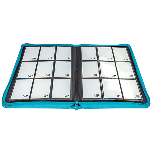 Ultra Pro 9-Pocket Zippered Binder: Vivid - Teal (PREORDER) - Teal zippered binder open to show two pages each with nine clear card pockets and black edges.