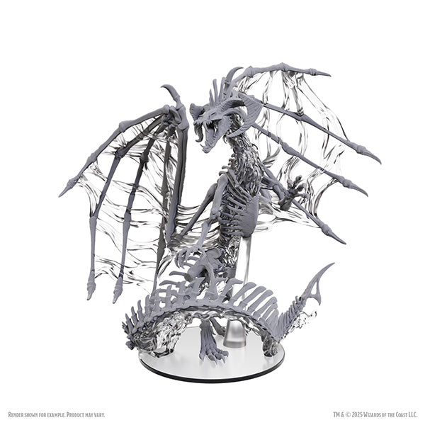 D&D Nolzur’s Marvelous Unpainted: Black Dracolich - Unpainted gray plastic miniature of a skeletal dragon with tattered wings and detailed bone structure on a round base.