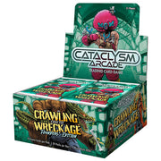 Cataclysm Arcade TCG: Crawling from the Wreckage Booster Display - Green-themed booster display box for Cataclysm Arcade TCG Crawling from the Wreckage with octopus character and gold.