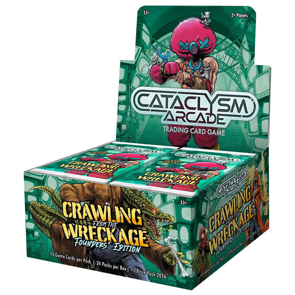 Cataclysm Arcade TCG: Crawling from the Wreckage Booster Display - Green-themed booster display box for Cataclysm Arcade TCG Crawling from the Wreckage with octopus character and gold.