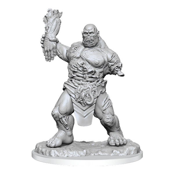 Pathfinder Battles Deep Cuts: Zombie Brute - Unpainted gray resin miniature of a muscular zombie brute with exposed ribs, torn clothing, and a severed arm raised as a.