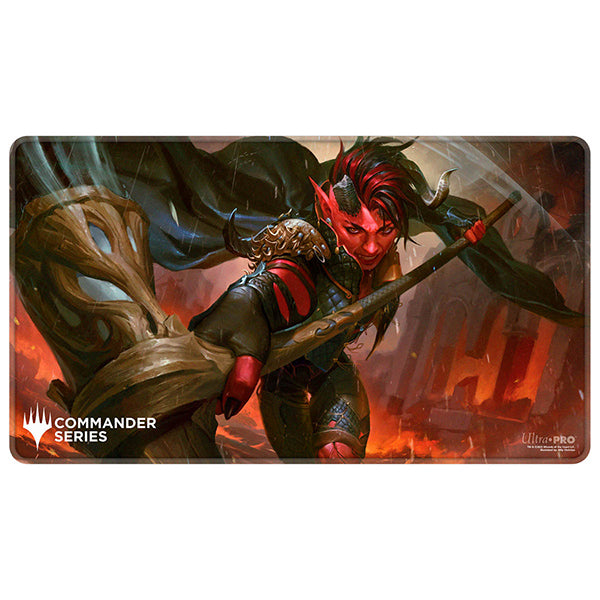 Playmat: MTG Stitched- Karlach, Fury of Avernus - Rectangular gaming playmat with vibrant fantasy artwork featuring a red-skinned warrior holding a spear, detailed with dark.