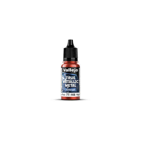 Vallejo True Metallic Metal Airbrush: Ruby Red (18ml) - Small bottle of Vallejo True Metallic Metal Airbrush paint in vibrant ruby red with black cap and detailed label.