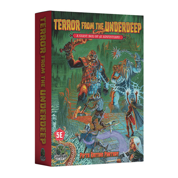 5e Fantasy: Terror from the UnderDeep (PREORDER) - Dark green and red hardcover RPG book titled Terror from the UnderDeep with fantasy creatures and adventurers on the cover.