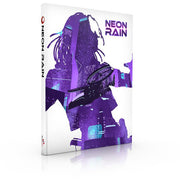 Cypher System: Neon Rain (PREORDER) - White book cover featuring a purple and blue neon illustration of a futuristic figure with dreadlocks and cybernetic.