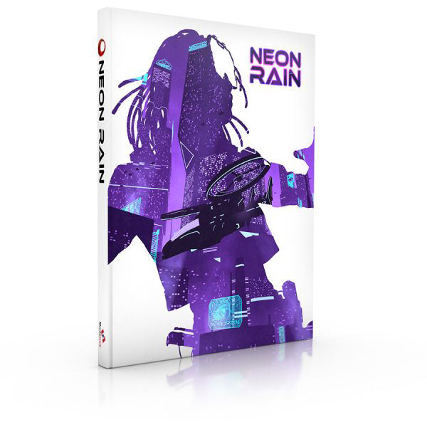 Cypher System: Neon Rain (PREORDER) - White book cover featuring a purple and blue neon illustration of a futuristic figure with dreadlocks and cybernetic.