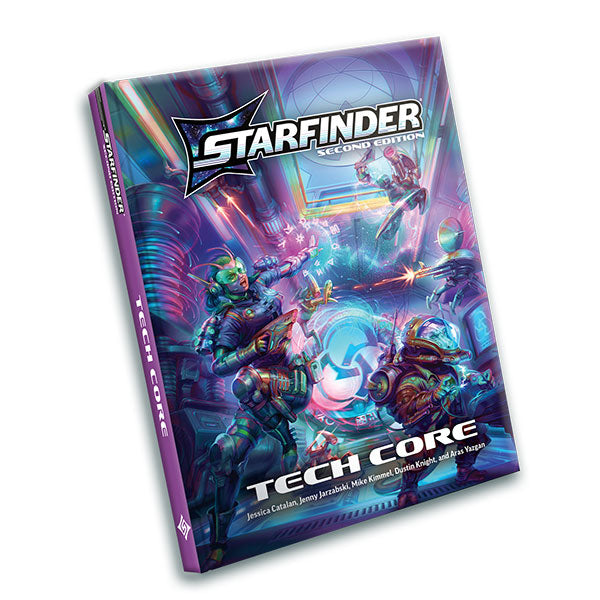 Starfinder 2E: Tech Core (PREORDER) - Starfinder Tech Core RPG book with vibrant sci-fi artwork of armored characters and futuristic technology on a purple and.