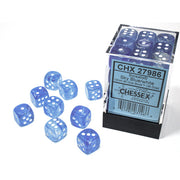 Chessex Borealis Luminary: Blue/White 12mm d6 Dice Block (36 dice) - 36 blue and white marbled 12mm six-sided dice in clear plastic block with label.