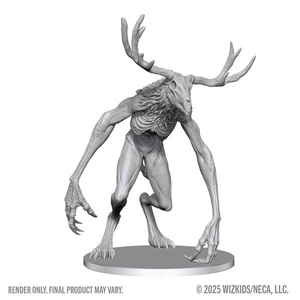 WizKids Deep Cuts: Wendigo (PREORDER) - Gray unpainted resin miniature of a hulking Wendigo with elongated arms, clawed hands, and large antlers on a round base.