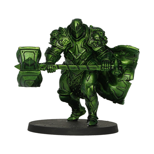 Vallejo True Metallic Metal Shade: Amber Green (18ml) - Dark metallic green armored warrior figurine with a large hammer and shield on a round black base.