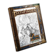 Starfinder 2E: Dark Archive (Remastered), Sketch Cover - Dark Archive book with brown and gold decorative borders and a central black-and-white sketch of fantasy characters and.