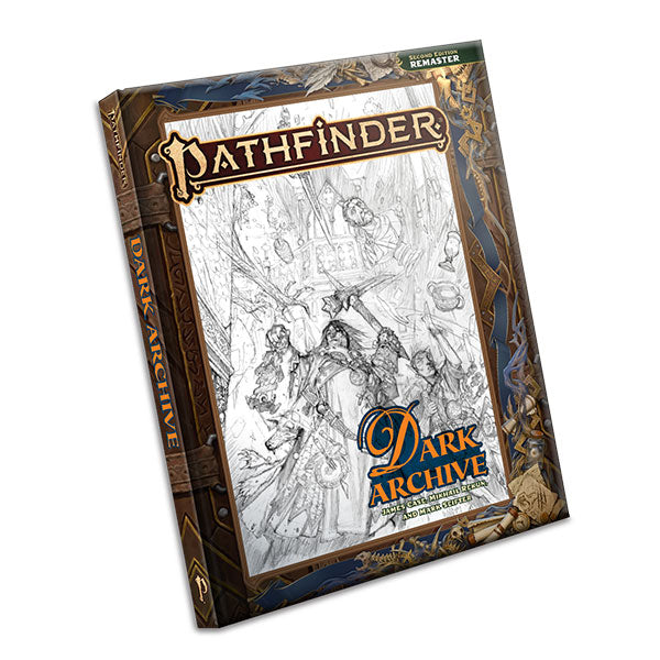Starfinder 2E: Dark Archive (Remastered), Sketch Cover - Dark Archive book with brown and gold decorative borders and a central black-and-white sketch of fantasy characters and.