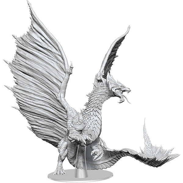 D&D Nolzur’s Marvelous Unpainted: Adult Brass Dragon - Unpainted detailed miniature of a dragon with large outstretched wings and an open roaring mouth, sculpted in gray resin.